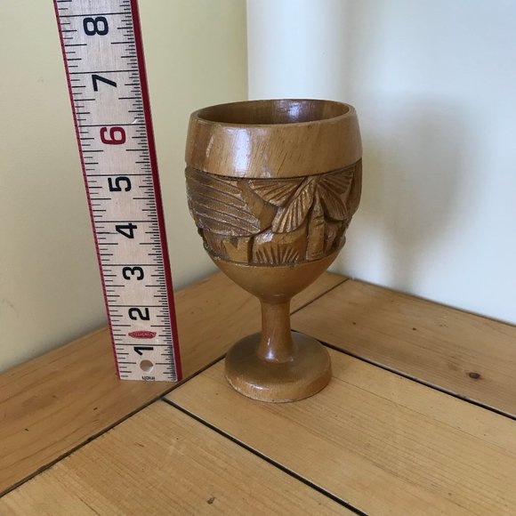 Hand Carved Wooden Cup Stem Base Tiki Palm Tree Village 6" Tall - Picture 2 of 5